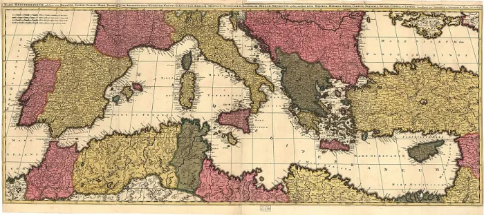Framed Print : 1695 map of the Mediterranean Sea and coastal lands