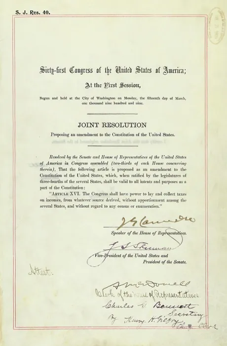 Framed Print : 16th Amendment to the U.S. Constitution: the 16th amendment established Congress's right to impose a Federal income tax. 1913