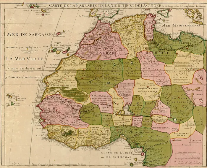 Framed Print : 1707 French map of Northwest Africa, identifying kingdoms and boundaries within the large regions Barbary, Nigreties, and Guinea