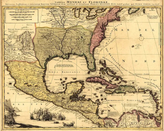 Framed Print : 1710 Dutch map of North America and the Caribbean, with major political divisions and detail of cities and settlements