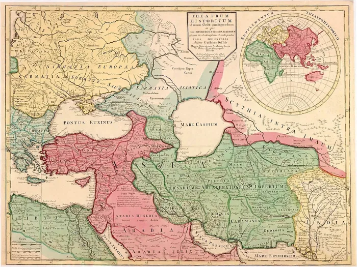 Framed Print : 1712 French map of Southwest Asia and Southeast Europe recreating the geography of the late Roman Empire of 400 AD. Map uses Latin place names Framed Print : 1712 French map of Southwest Asia and Southeast Europe recreating the geography of the late Roman Empire of 400 AD. Map uses Latin place names