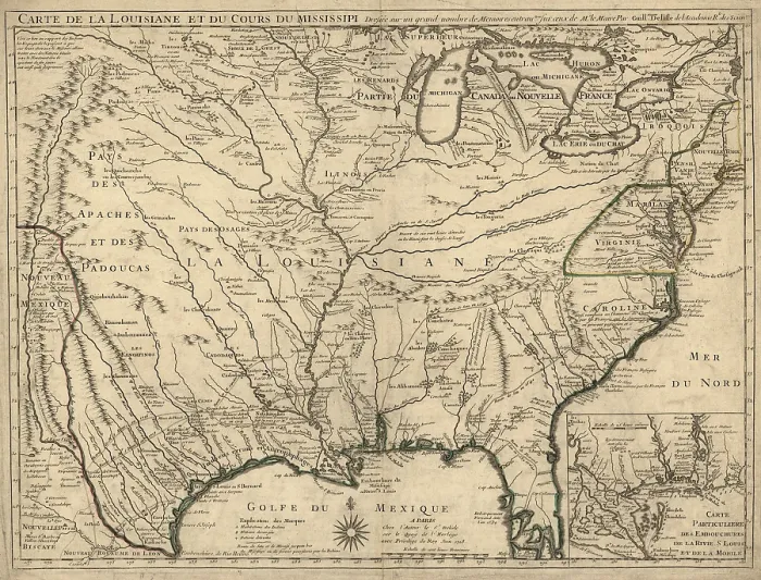 Framed Print : 1718 French map of North America showing the Mississippi River region, locations of Native American settlements, and the colonies of France, Spain, and Britain
