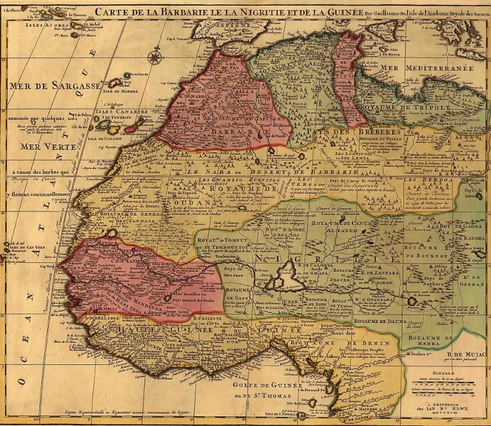 Framed Print : 1742 French map of Northwest Africa, identifying kingdoms and boundaries within the large regions Barbary, Nigreties, and Guinea