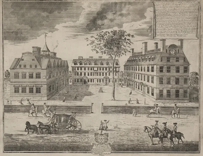 Framed Print : 1743 engraving of Harvard College, was founded in 1636 to train ministers Framed Print : 1743 engraving of Harvard College, was founded in 1636 to train ministers
