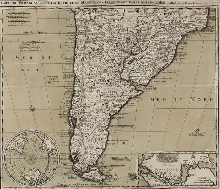 Framed Print : 1745 map of northern South American continent, showing colonial place names for Brazil, Paraguay, Peru, Chile that would be nations following independence from Spain and Portugal