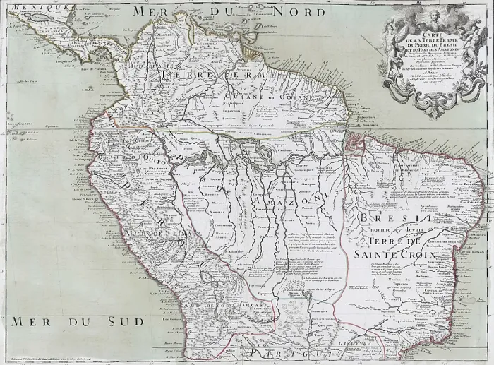 Framed Print : 1745 map of northern South American continent, showing colonial place names for Brazil, Paraguay, Peru, Panama