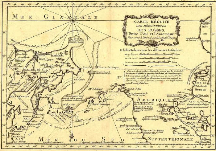 Framed Print : 1747 map showing Alaska as a Russian territory. Russian 18th century eastward expansion extended beyond Siberia to North America