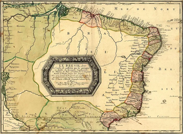 Framed Print : 1756 map of Brazil, showing geographic definition on the coast. The Amazon River is outside Brazil 1756 colonial borders