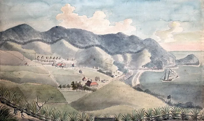 Framed Print : 1776 map of Dominica, in the Caribbean Sea, showing the estates of English colonists