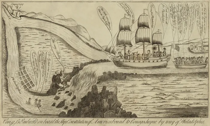Framed Print : 1790 satirical political cartoon shows Con-g-ss embark'd on board the ship Constitution of America bound to Conogocheque by way of Philadelphia