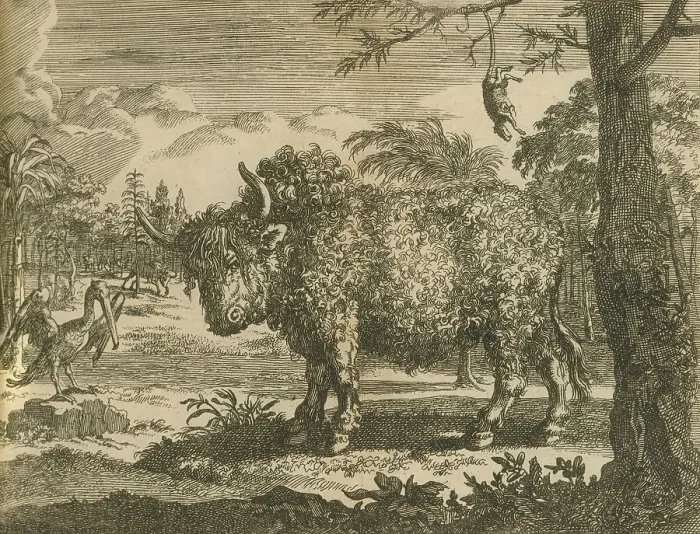 Framed Print : 17th century depictions of an American bison, a pelican, and opossum hanging by its tail from a tree branch