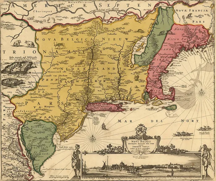 Framed Print : 17th century map of land that became New England, New Jersey, and New York. Map includes a view of New Amsterdam, later New York City, in 1685, when it was under Dutch control Framed Print : 17th century map of land that became New England, New Jersey, and New York. Map includes a view of New Amsterdam, later New York City, in 1685, when it was under Dutch control