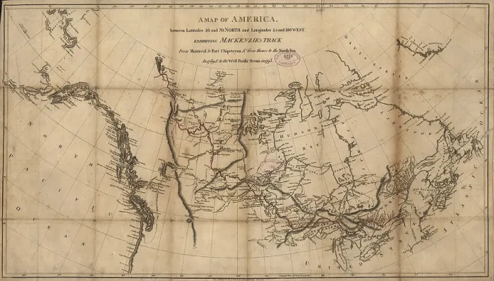 Framed Print : A 1801 map of North America showing Alexander Mackenzie's track from Montreal to Fort Chipewyan, to the north sea, then to the west Pacific Ocean from 1789 to 1793