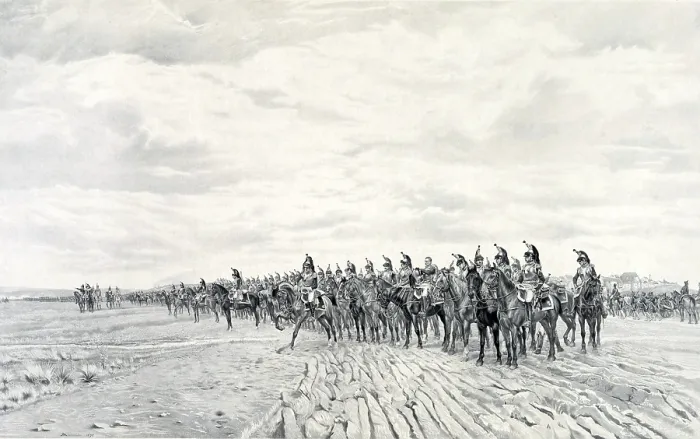 Framed Print : 1805 NAPOLEON AT AUSTERLITZ, 1908 by Ernest Meissonier (1815-1891). A long line of French cavalry with artillery moving behind them at Austerlitz
