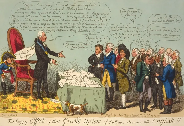 Framed Print : 1808 British political cartoon ridiculing the Embargo Act of 1807