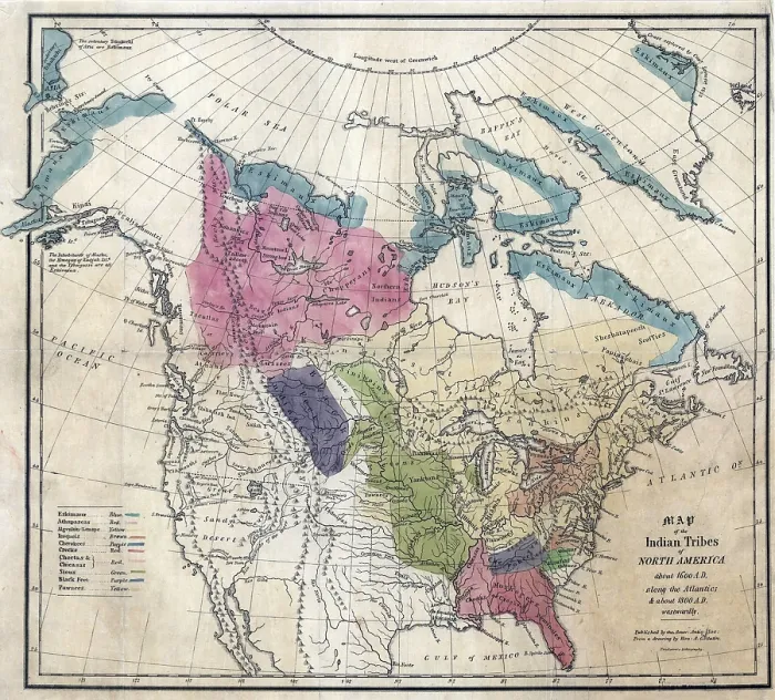 Framed Print : 1836 Map of the Indian tribes of North America, about 1600 A.D. along the Atlantic, and about 1800 A.D. in the western areas
