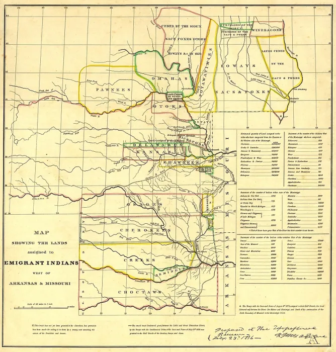 Framed Print : 1836 Map showing the Indian Territories (now Oklahoma) assigned to displaced Eastern Indians tribes; Cherokees, Creeks, Choctaws, Osages, and Seminoles