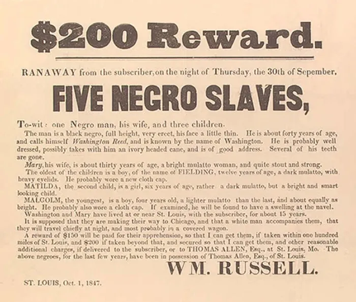 Framed Print : 1847 advertisement for the return of a runaway slave, his wife and three children. The St