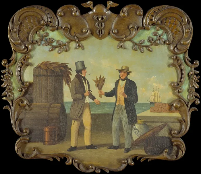 Framed Print : A 1850 tobacco sign depicts men involved in a tobacco transaction on a pier