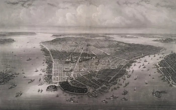 Framed Print : 1851 bird's eye view of New-York, looking north over the length of Manhattan with Battery Park and Castle Garden in the foreground