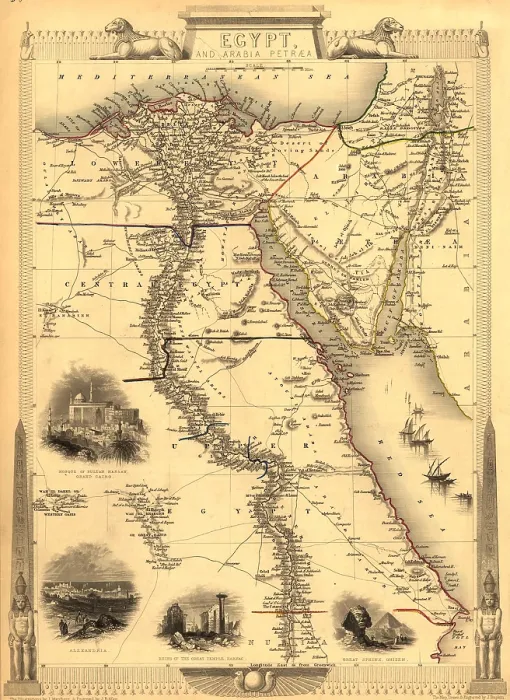 Framed Print : 1851 map of Egypt with engravings of the Cairo, Alexandria, temples at Karnak, and Pyramids and Sphinx at Giza. Traditional arab ships, dhows, are shown sailing on the Red Sea