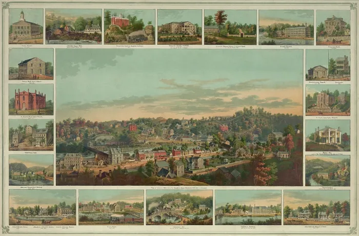 Framed Print : 1854 bird's eye view of Ellicotts Mills, Maryland, surrounded by small images of various buildings and factories in the town