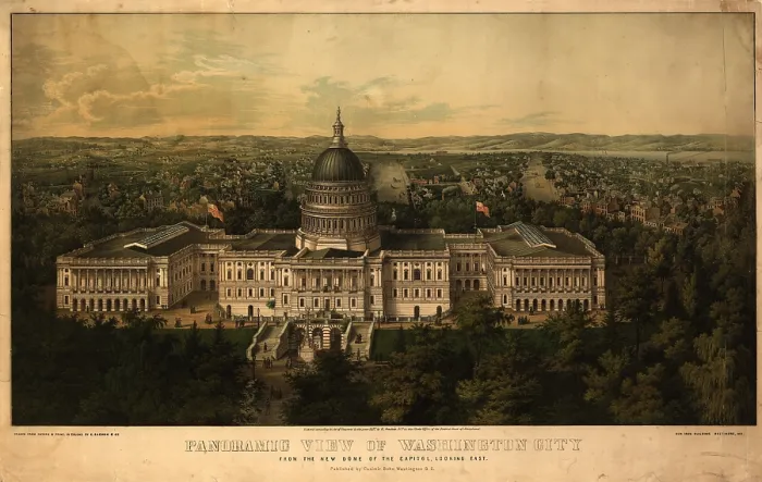 Framed Print : 1857 panoramic view of Washington D.C. with the new dome of the Capitol, looking east Framed Print : 1857 panoramic view of Washington D.C. with the new dome of the Capitol, looking east
