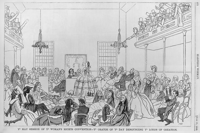 Framed Print : 1859 print satirizing the 9th Women Rights Convention in New York City with the Ye May session of ye woman's rights convention - ye orator of ye day denouncing ye lords