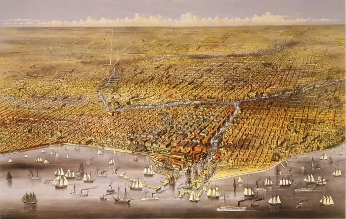 Framed Print : 1874 view of the city of Chicago showing the waterfront on Lake Michigan, and the newly re-built city following the 1871 Chicago Fire Framed Print : 1874 view of the city of Chicago showing the waterfront on Lake Michigan, and the newly re-built city following the 1871 Chicago Fire