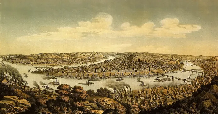 Framed Print : 1874 view of Pittsburgh, Pennsylvania at the confluence of the Monongahela and Allegheny Rivers