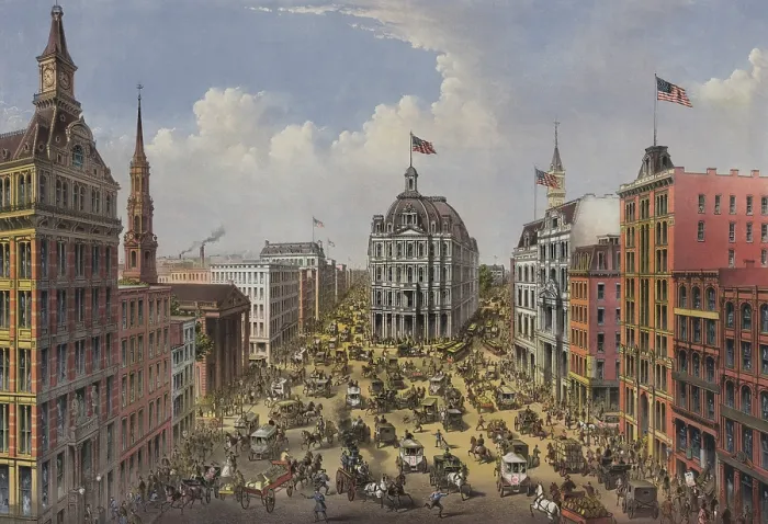 Framed Print : 1875 view to the north of New York City's Broadway and Park Row, from the Financial District. In the center is the U.S