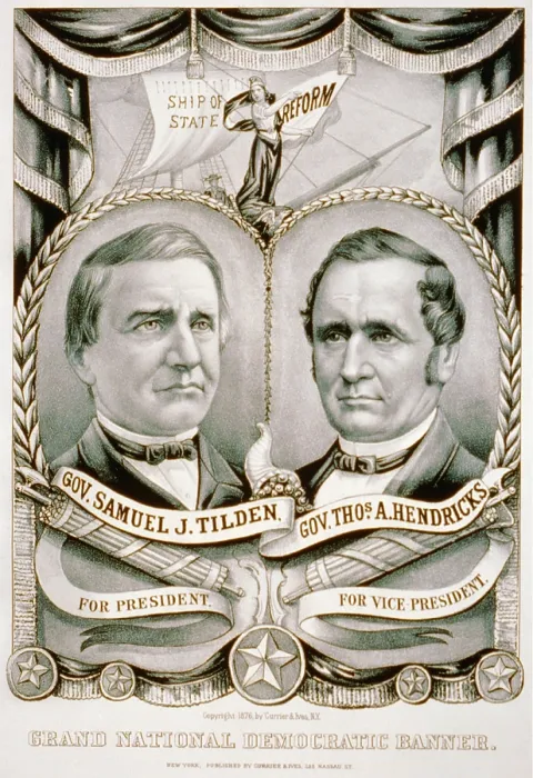 Framed Print : 1876 Grand National Democratic banner with candidates Samuel J. Tilden and Thomas A. Hendricks. The Tilden-Hendricks banner, states their campaign theme of federal reform Framed Print : 1876 Grand National Democratic banner with candidates Samuel J. Tilden and Thomas A. Hendricks. The Tilden-Hendricks banner, states their campaign theme of federal reform