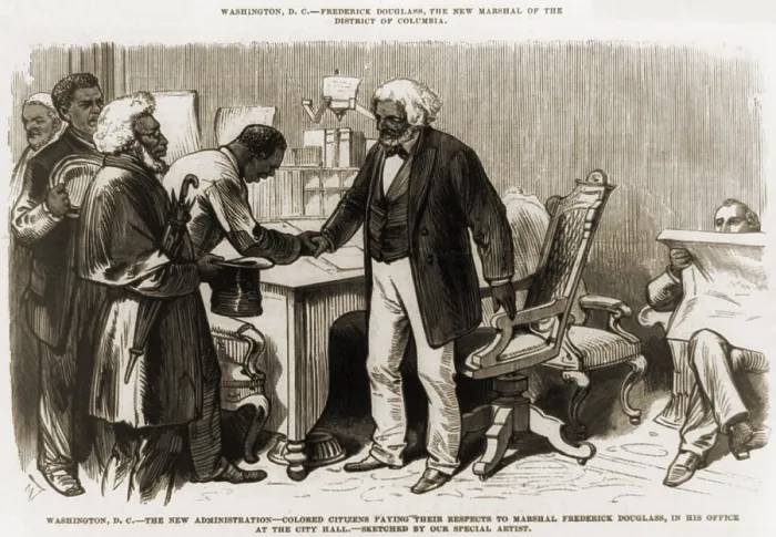 Framed Print : In 1877 Frederick Douglass (1818-1895), newly appointed U.S. Marshal of the District of Columbia, greeting African American citizens in his office at the City Hall