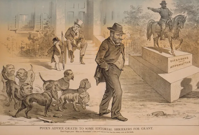 Framed Print : 1878 political cartoon shows former president Ulysses S. Grant followed by dogs that represent the corrupt men who served in his presidential administration, 1869-77 Framed Print : 1878 political cartoon shows former president Ulysses S. Grant followed by dogs that represent the corrupt men who served in his presidential administration, 1869-77