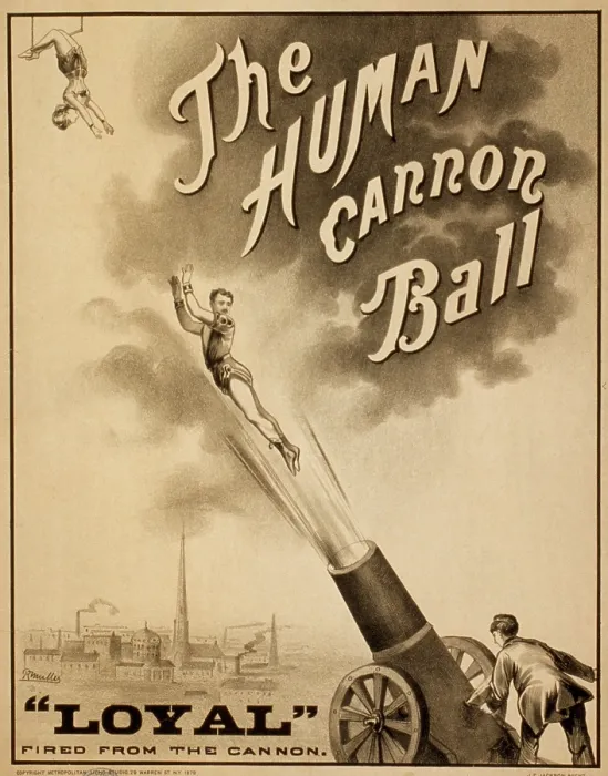 Framed Print : 1879 Circus Poster for Human Cannonball aerial acrobatic act