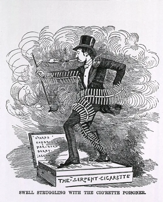 Framed Print : 1882 American anti-smoking cartoon, Swell Struggling With The Cig'rette Poisoner. A serpent with a skeleton of cigarettes entwines and lights a smokers cigarette Framed Print : 1882 American anti-smoking cartoon, Swell Struggling With The Cig'rette Poisoner. A serpent with a skeleton of cigarettes entwines and lights a smokers cigarette