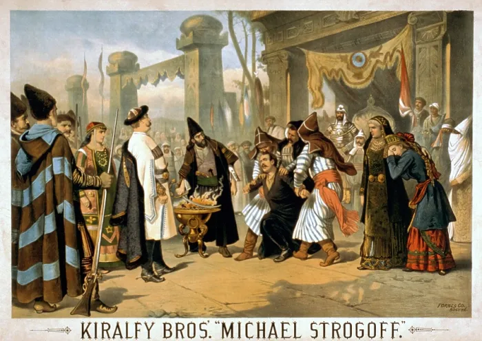 Framed Print : 1882 Poster for MICHAEL STORGOFF; THE COURIER OF THE CZAR, shows the scene in which the Tatar king Feofar Khan prepares to blind Michael Strogoff with a hot iron