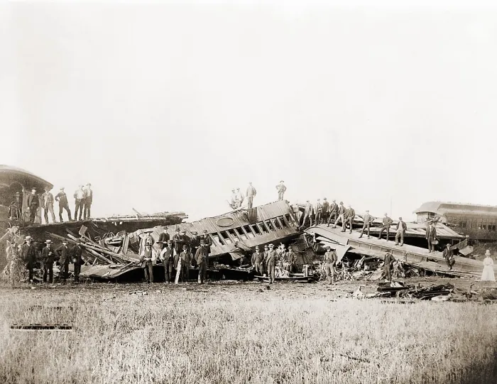 Framed Print : 1887 Great Chatsworth train wreck destroyed a large passenger train of two steam engines pulling six wooden passenger cars, six sleeper cars, and three luggage cars