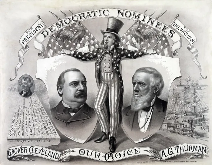 Framed Print : 1888 Democratic Presidential campaign poster showing Uncle Sam holds portraits of Grover Cleveland and A.G. Thurman