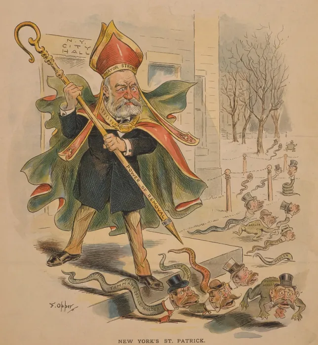 Framed Print : 1895 political cartoon of New York City's Mayor Strong, dressed as St. Patrick, driving snakes and frogs, representing Tammany Hall's immigrant political base, from N.Y Framed Print : 1895 political cartoon of New York City's Mayor Strong, dressed as St. Patrick, driving snakes and frogs, representing Tammany Hall's immigrant political base, from N.Y