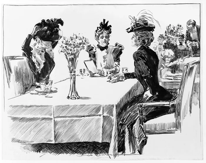 Framed Print : 1898 drawing by Charles Dana Gibson (1867-1944), shows three 'Gibson girls' about to enjoy a restaurant meal
