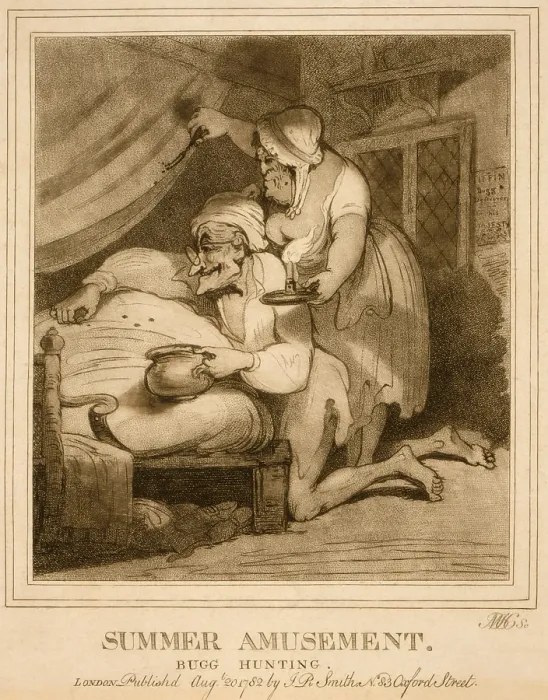 Framed Print : 18th century English cartoon, SUMMER AMUSEMENT-BUGG HUNTING, shows and elderly couple catching bedbugs. Aquatint etching published by Isaac Cruikshank, 1782 Framed Print : 18th century English cartoon, SUMMER AMUSEMENT-BUGG HUNTING, shows and elderly couple catching bedbugs. Aquatint etching published by Isaac Cruikshank, 1782