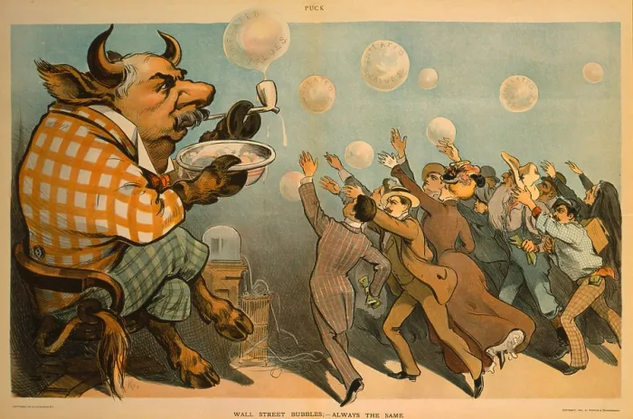 Framed Print : 1901 caricature of John Pierpont Morgan as a bull blowing bubbles inflated values, for which people are reaching Framed Print : 1901 caricature of John Pierpont Morgan as a bull blowing bubbles inflated values, for which people are reaching