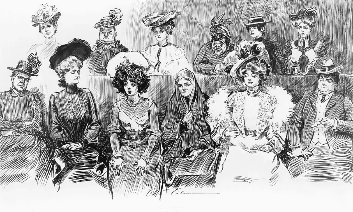 Framed Print : 1902 drawing by Charles Dana Gibson (1867-1944), 'Studies in expression. When women are jurors, ' shows women jury of various ages and attitudes Framed Print : 1902 drawing by Charles Dana Gibson (1867-1944), 'Studies in expression. When women are jurors, ' shows women jury of various ages and attitudes