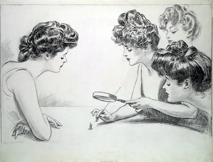 Framed Print : 1903 drawing by Charles Dana Gibson (1867-1944), 'The weaker sex, ' showing four Gibson girls poking a needle at a miniature, insect size man