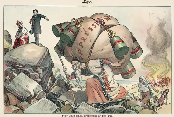 Framed Print : 1904 cartoon depicting President Theodore Roosevelt appealing the Russia Czar Nicolas II to end oppression of Russian Jews