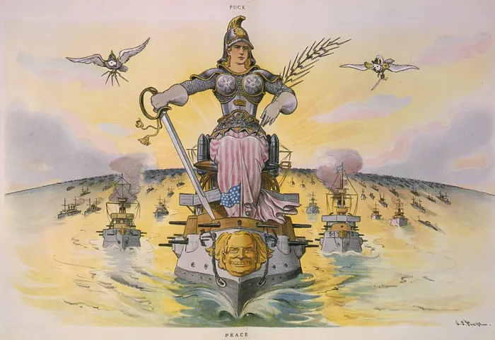 Framed Print : 1905 Cartoon entitled 'Peace, 'shows Columbia leading the 'Great White Fleet'. On the bow of a battleship which has Theodore Roosevelt's face on it