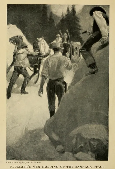 Framed Print : 1907 illustration of Plummer's men holding up the Bannack Stage