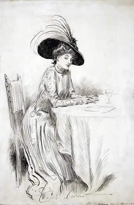 Framed Print : 1910 drawing by Charles Dana Gibson (1867-1944), 'Patience, ' shows a Gibson girl alone at table Framed Print : 1910 drawing by Charles Dana Gibson (1867-1944), 'Patience, ' shows a Gibson girl alone at table