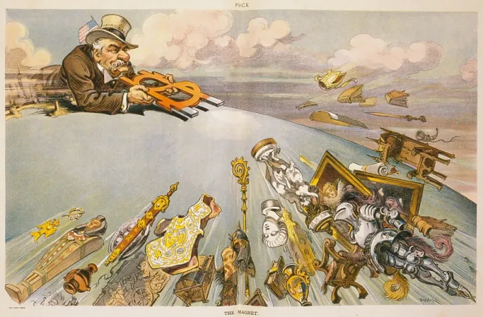 Framed Print : 1911 cartoon showing John Pierpont Morgan, one of the wealthiest man in the world, with a large magnet in shape of money sign, drawing in paintings, suits of armor